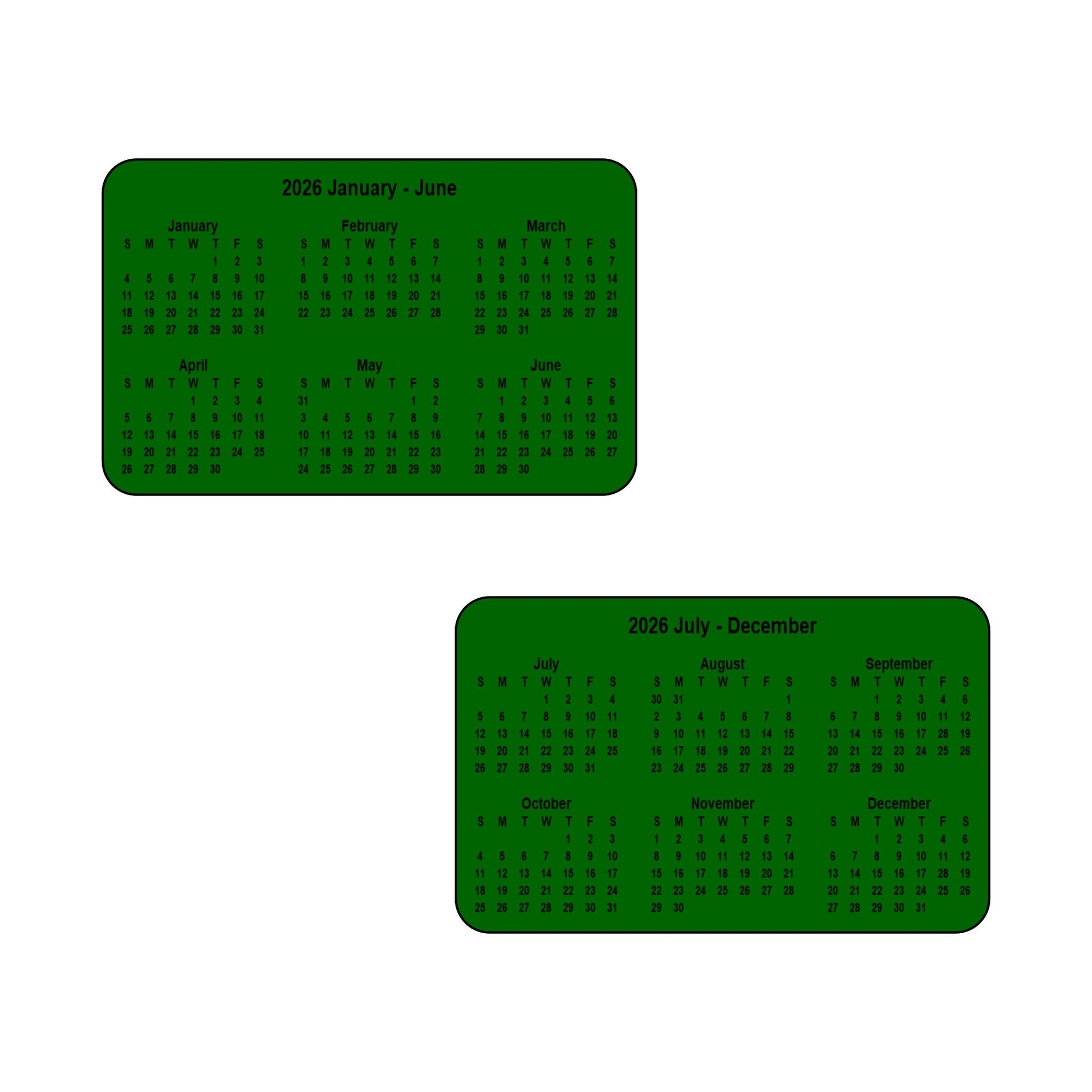 2026 Calendar - Double Sided Print (6 months each side) - Landscape Format - The Card Printing People