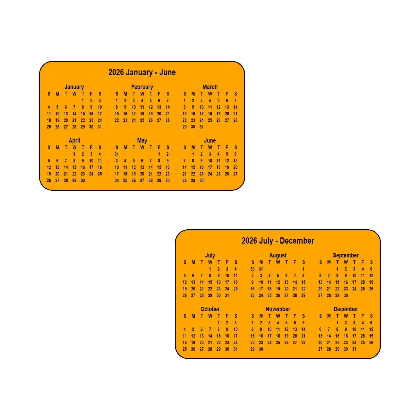 2026 Calendar - Double Sided Print (6 months each side) - Landscape Format - The Card Printing People