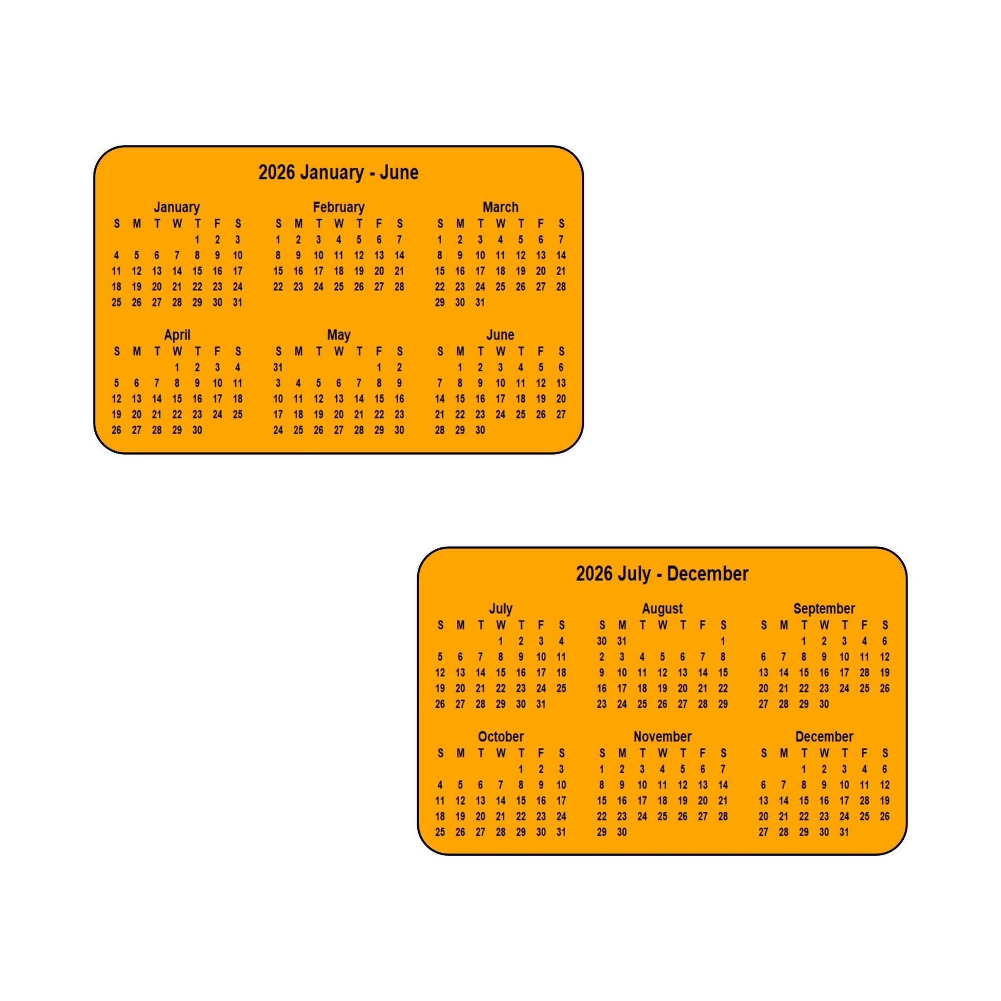2026 Calendar - Double Sided Print (6 months each side) - Landscape Format - The Card Printing People