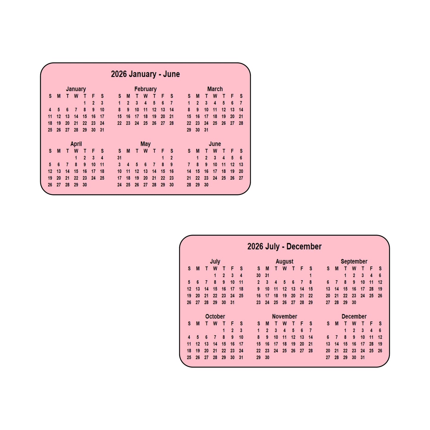 2026 Calendar - Double Sided Print (6 months each side) - Landscape Format - The Card Printing People