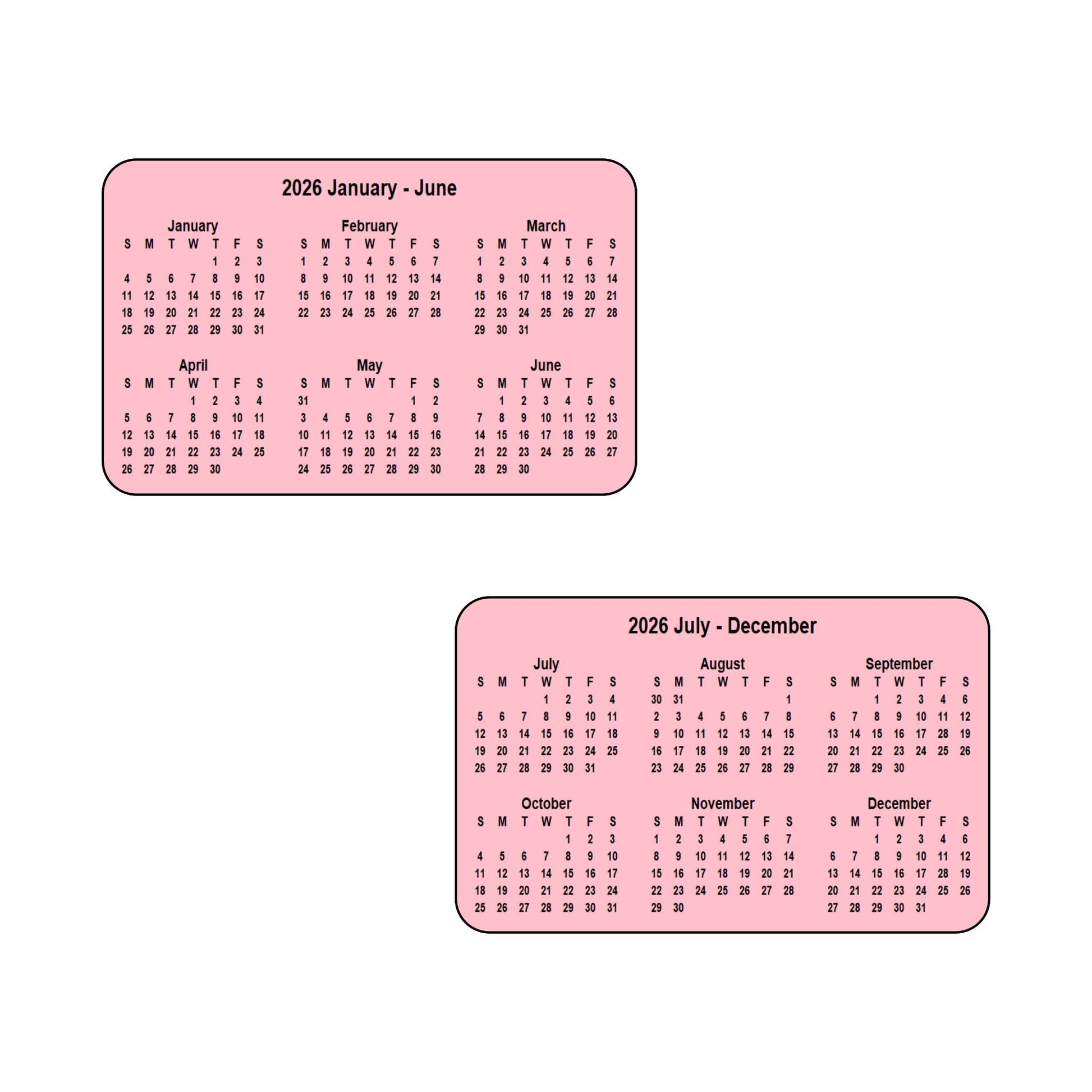 2026 Calendar - Double Sided Print (6 months each side) - Landscape Format - The Card Printing People