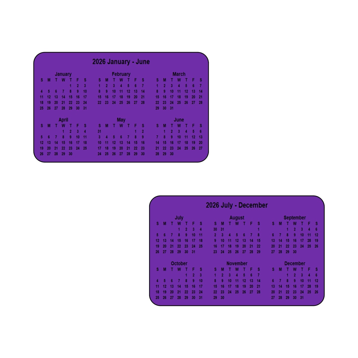 2026 Calendar - Double Sided Print (6 months each side) - Landscape Format - The Card Printing People