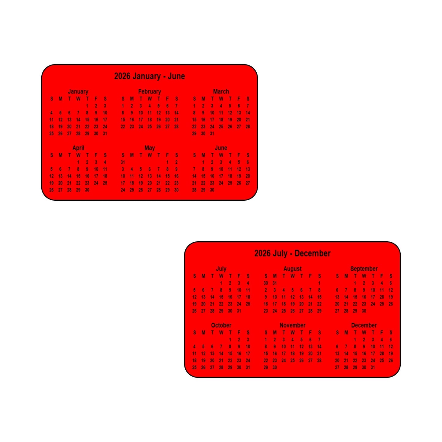 2026 Calendar - Double Sided Print (6 months each side) - Landscape Format - The Card Printing People