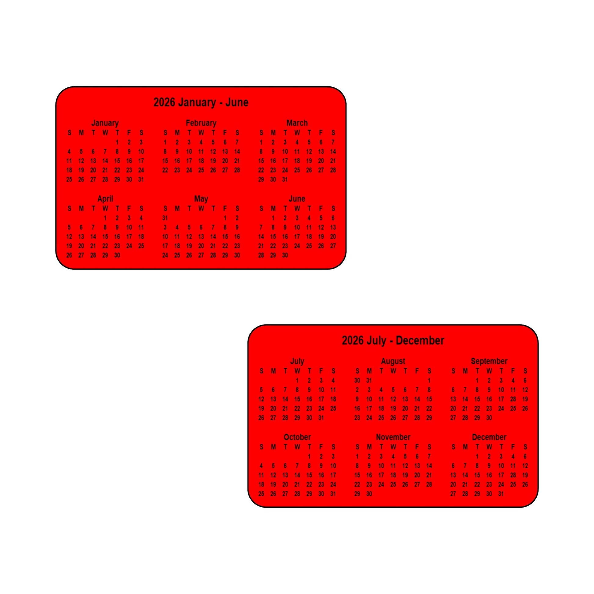 2026 Calendar - Double Sided Print (6 months each side) - Landscape Format - The Card Printing People