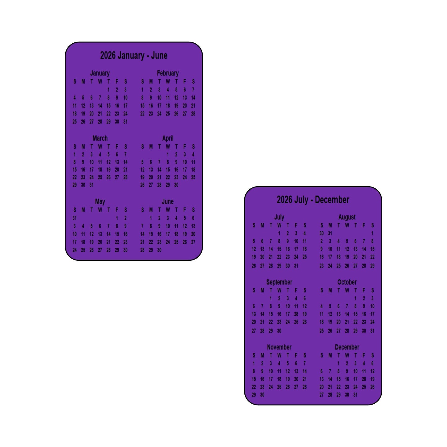2026 Calendar - Double Sided Print (6 months each side) - Portrait Format - The Card Printing People