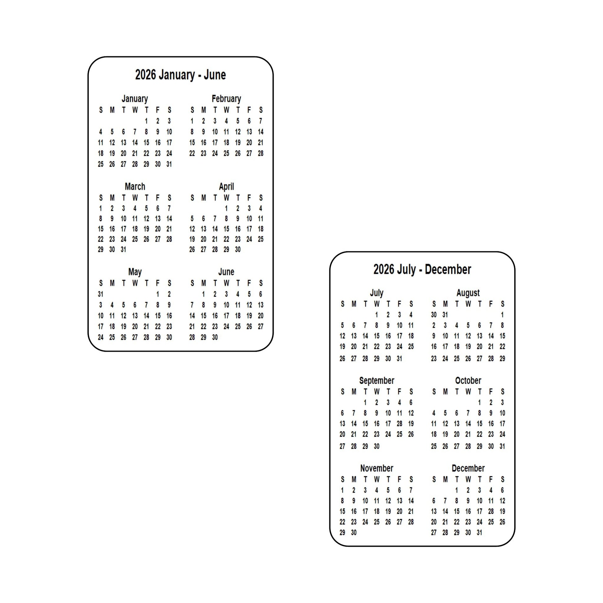 2026 Calendar - Double Sided Print (6 months each side) - Portrait Format - The Card Printing People