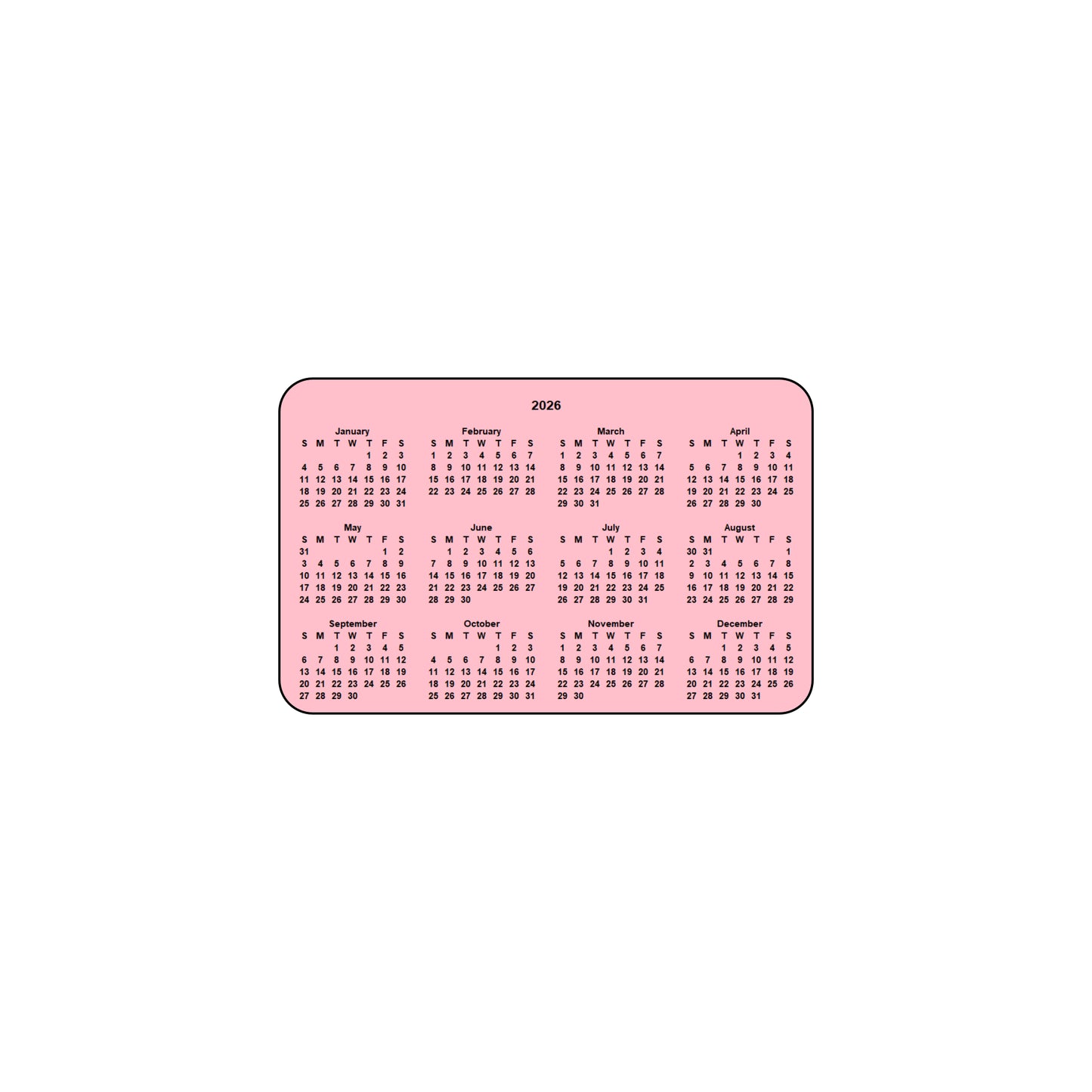 2026 Calendar - Single Sided Print - Landscape Format - The Card Printing People
