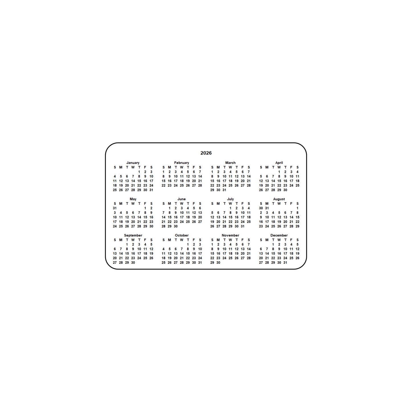 2026 Calendar - Single Sided Print - Landscape Format - The Card Printing People