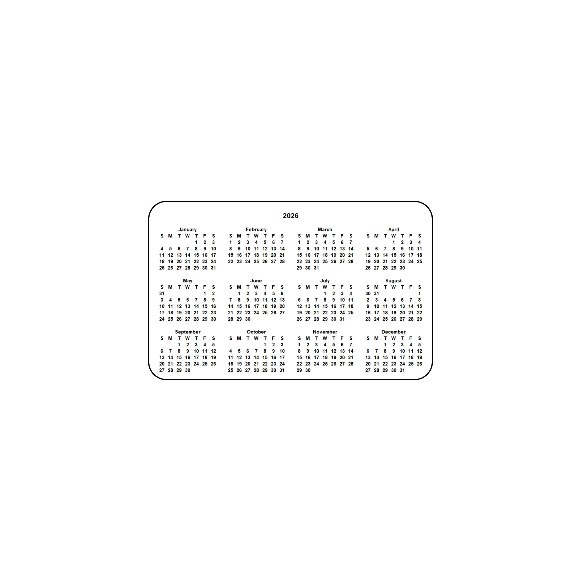 2026 Calendar - Single Sided Print - Landscape Format - The Card Printing People