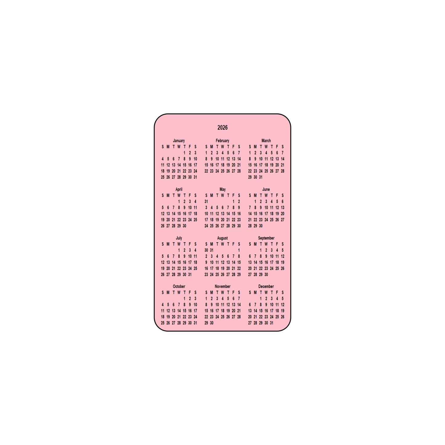 2026 Calendar - Single Sided Print - Portrait Format - The Card Printing People
