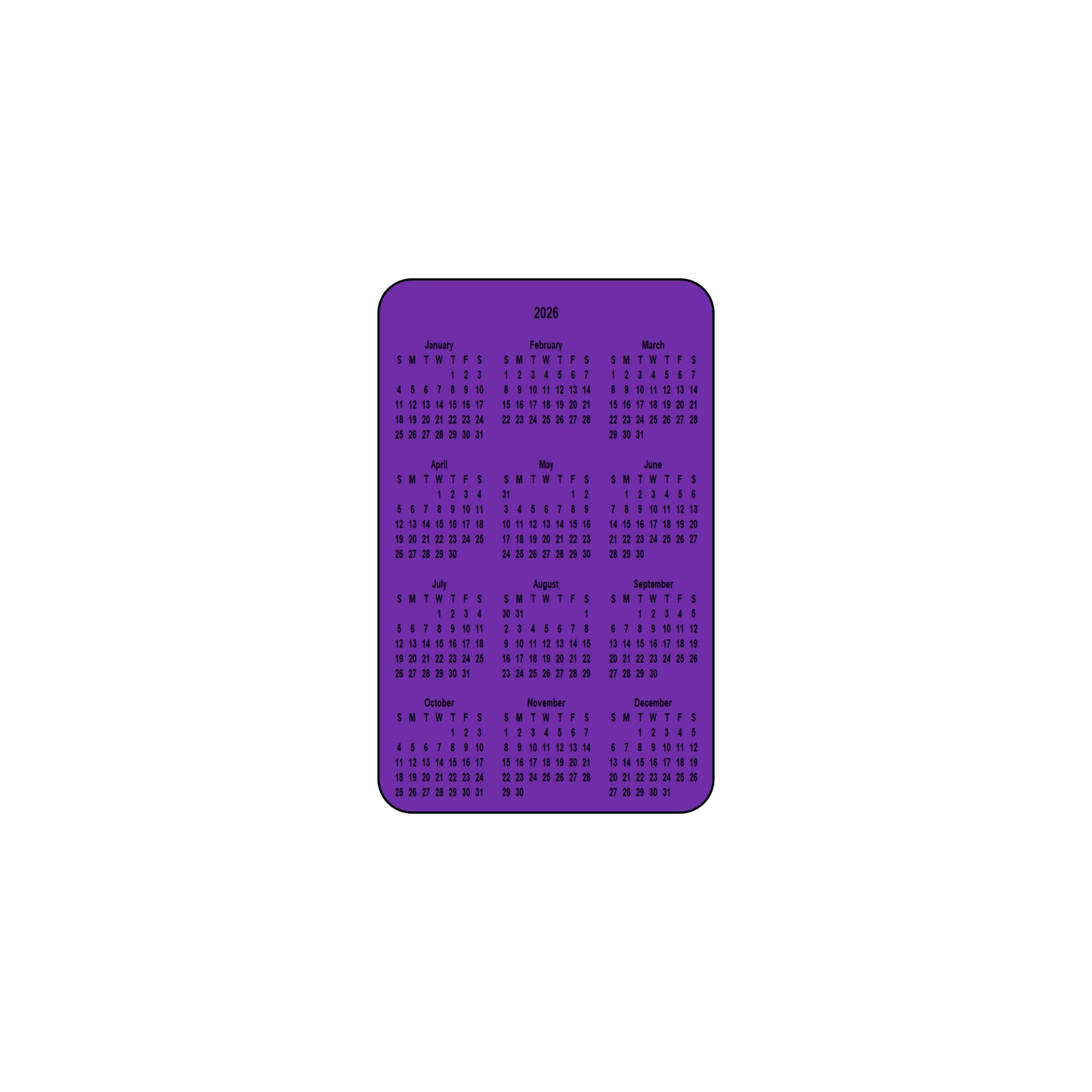 2026 Calendar - Single Sided Print - Portrait Format - The Card Printing People