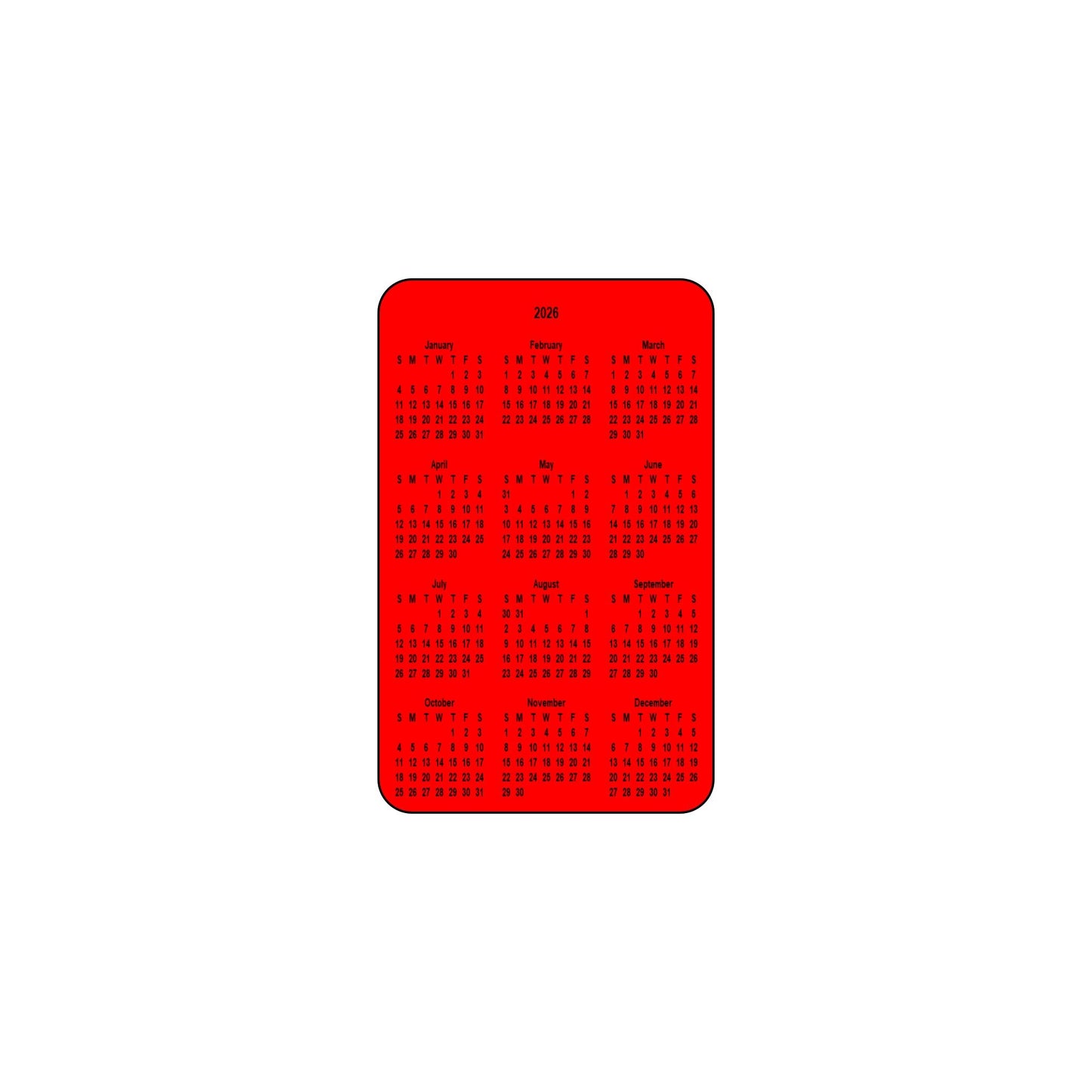 2026 Calendar - Single Sided Print - Portrait Format - The Card Printing People