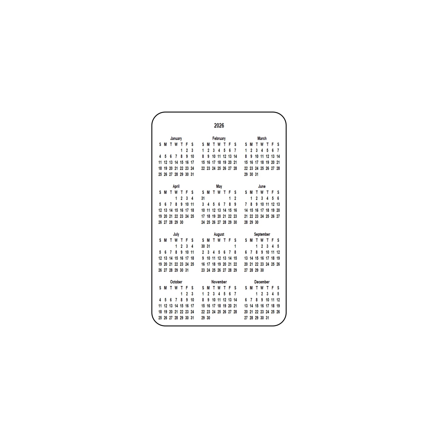2026 Calendar - Single Sided Print - Portrait Format - The Card Printing People