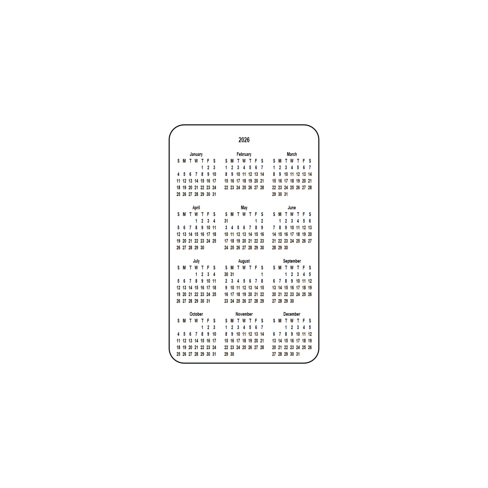 2026 Calendar - Single Sided Print - Portrait Format - The Card Printing People