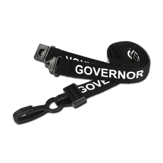 BLACK - GOVERNOR lanyard with plastic J clip and safety breakaway - The Card Printing People