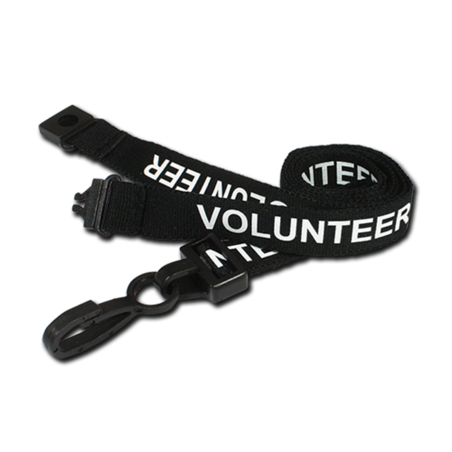 BLACK - VOLUNTEER lanyard with plastic J clip and safety breakaway - The Card Printing People