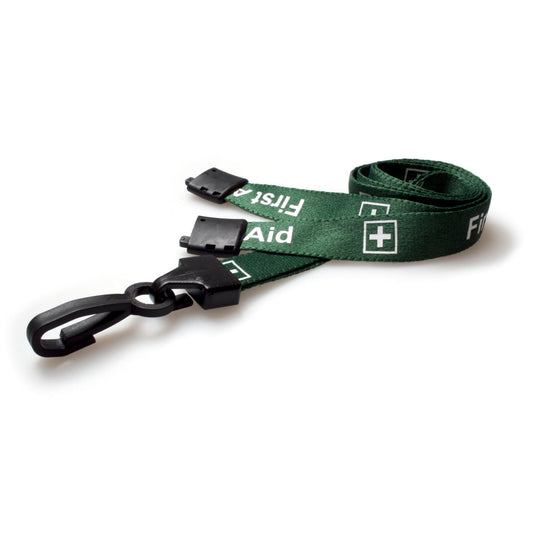 GREEN - FIRST AID lanyard with plastic J clip and safety breakaway - The Card Printing People