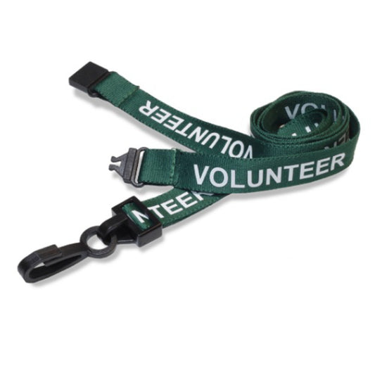 GREEN - VOLUNTEER lanyard with plastic J clip and safety breakaway - The Card Printing People