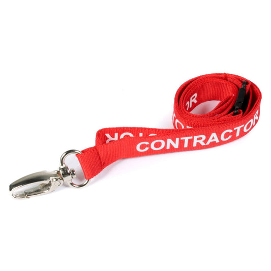 RED - CONTRACTOR lanyard with metal lobster clip and safety breakaway - The Card Printing People