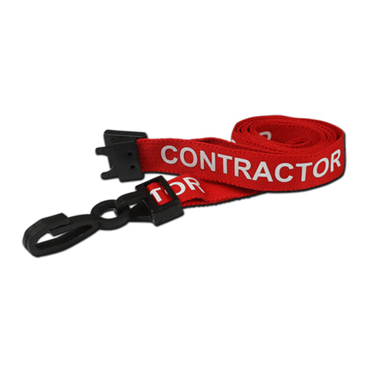 RED - CONTRACTOR lanyard with plastic J clip and safety breakaway - The Card Printing People