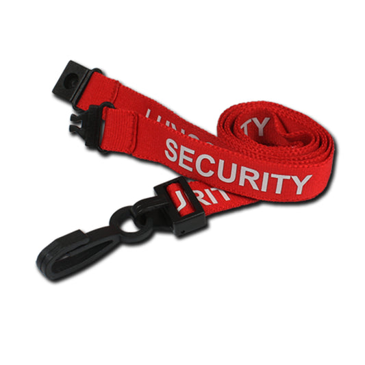 RED - SECURITY lanyard with plastic J clip and safety breakaway - The Card Printing People