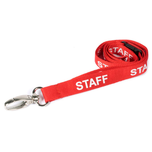 RED - STAFF lanyard with metal lobster clip and safety breakaway - The Card Printing People