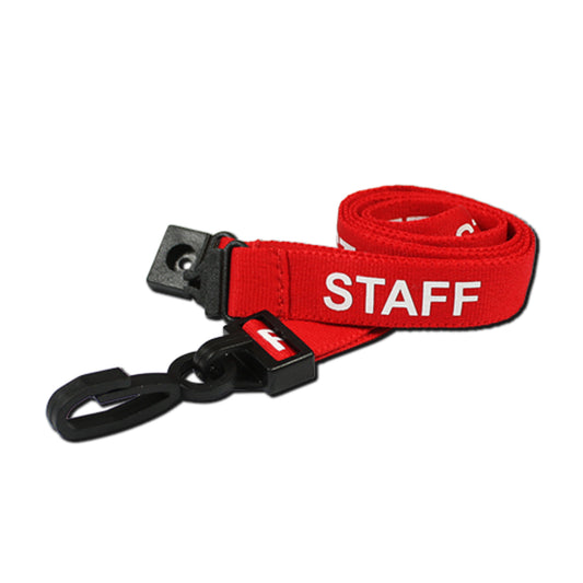 RED - STAFF lanyard with plastic J clip and safety breakaway - The Card Printing People
