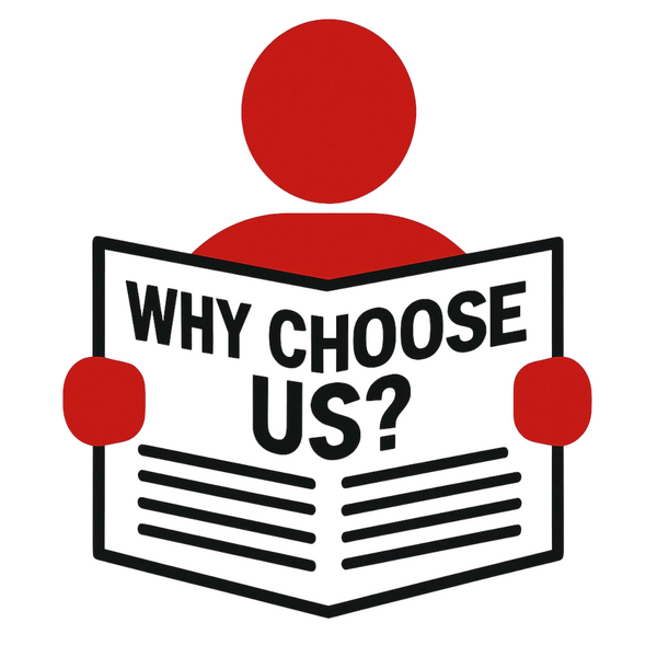 Red silhouette of a person reading a newspaper with 'WHY CHOOSE US?' text on a white background