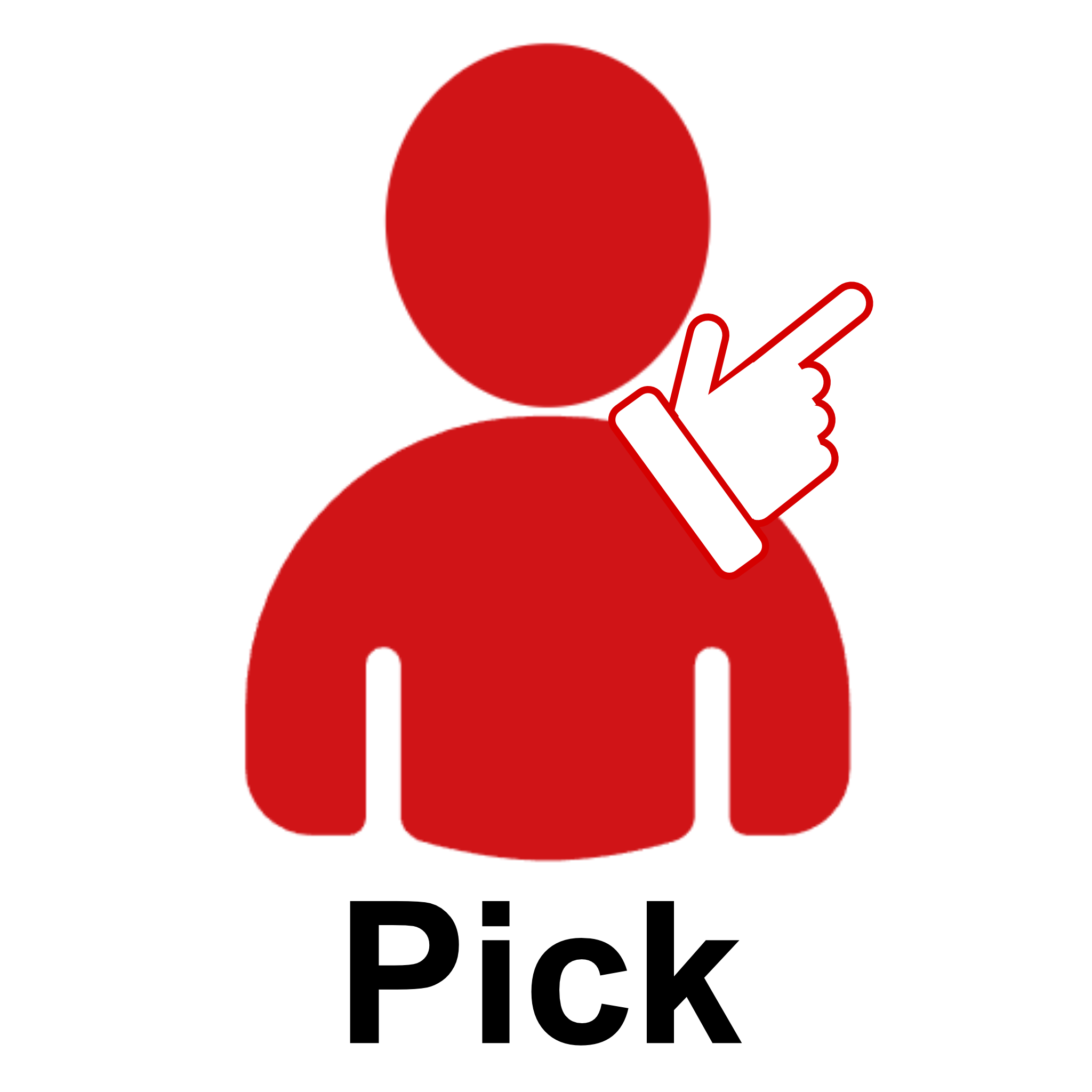 Red silhouette of a person pointing with text 'Pick' on a white background
