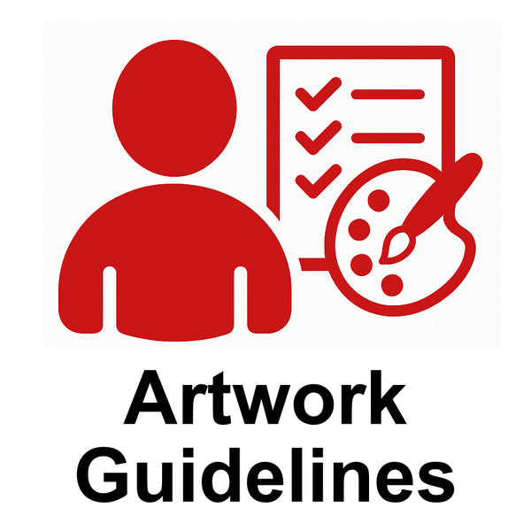 Red silhouette of a person next to a checklist with checkboxes and a painters pallet, on a white background with 'Artwork Guidelines' text.
