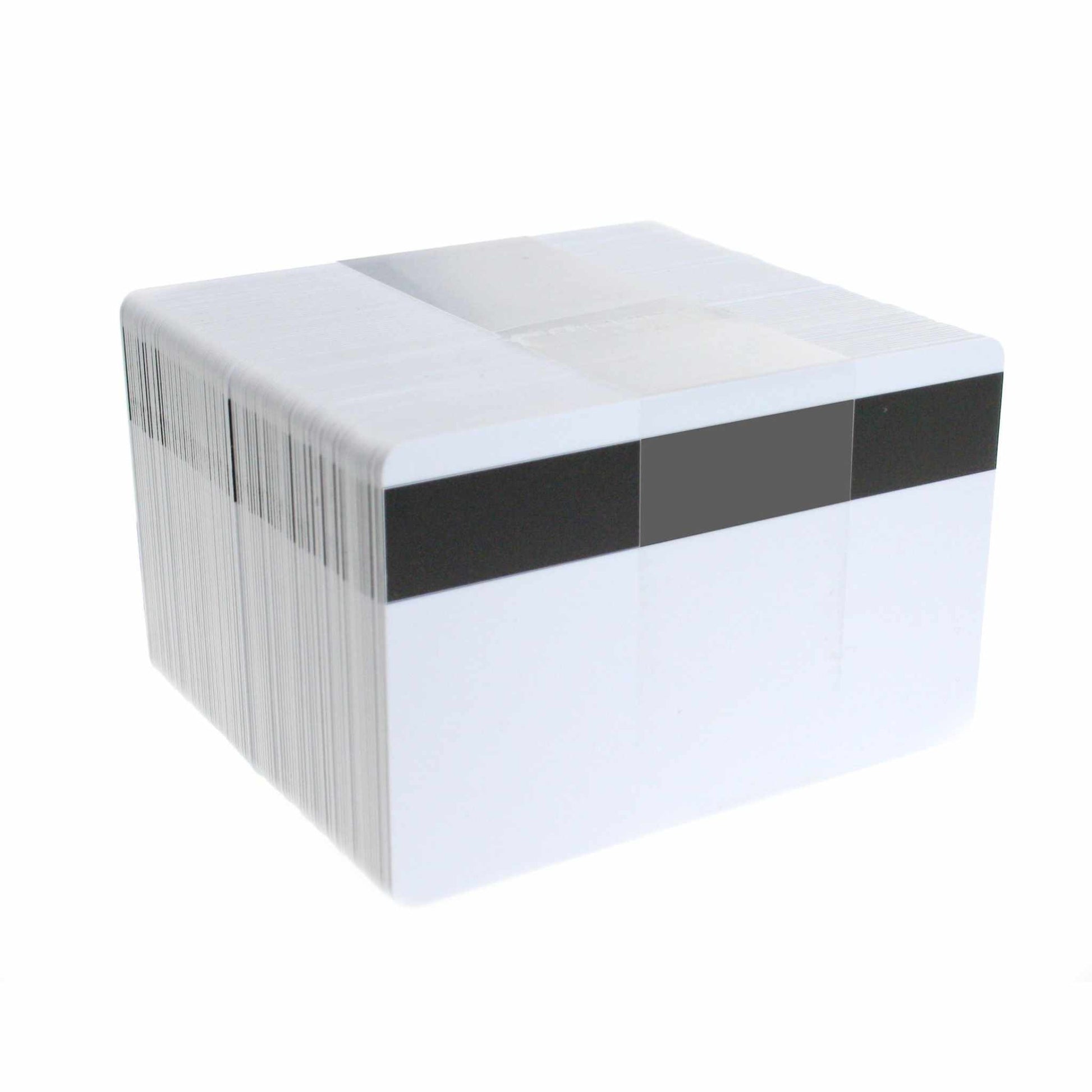 stack of white coloured micron card with black magnetic strip